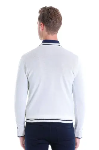 Ecru Comfort Fit Patterned Crew Neck Wool Sweater - Ecru - 6