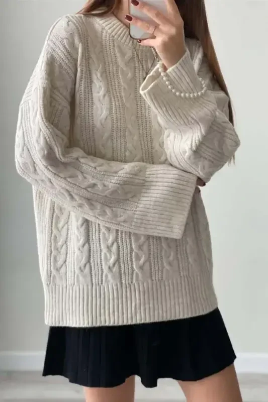 Ecru Crew Neck Knit Sweater MG2009 - 2