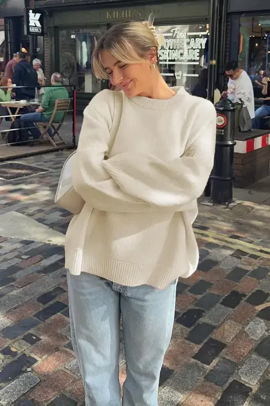 Ecru Crew Neck Oversize Knit Sweater MG1972-Ecru - 5