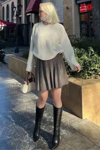 Ecru Crew Neck Oversize Knit Sweater MG1972-Ecru - 6