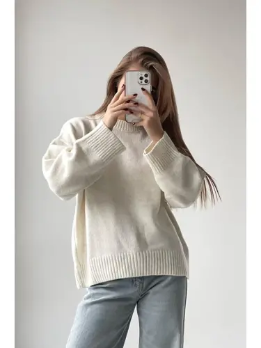 Ecru Crew Neck Oversize Knit Sweater Mg1972-Ecru - 1