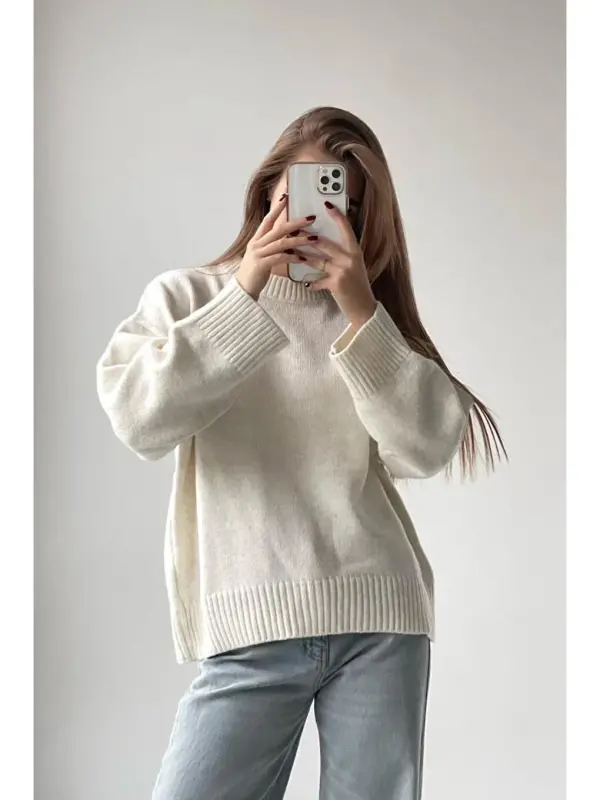 Ecru Crew Neck Oversize Knit Sweater Mg1972-Ecru - 1