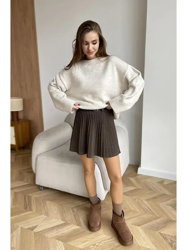 Ecru Crew Neck Oversize Knit Sweater Mg1972-Ecru - 2