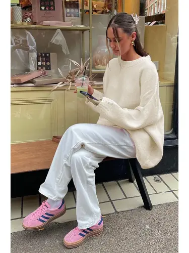 Ecru Crew Neck Oversize Knit Sweater Mg1972-Ecru - 5