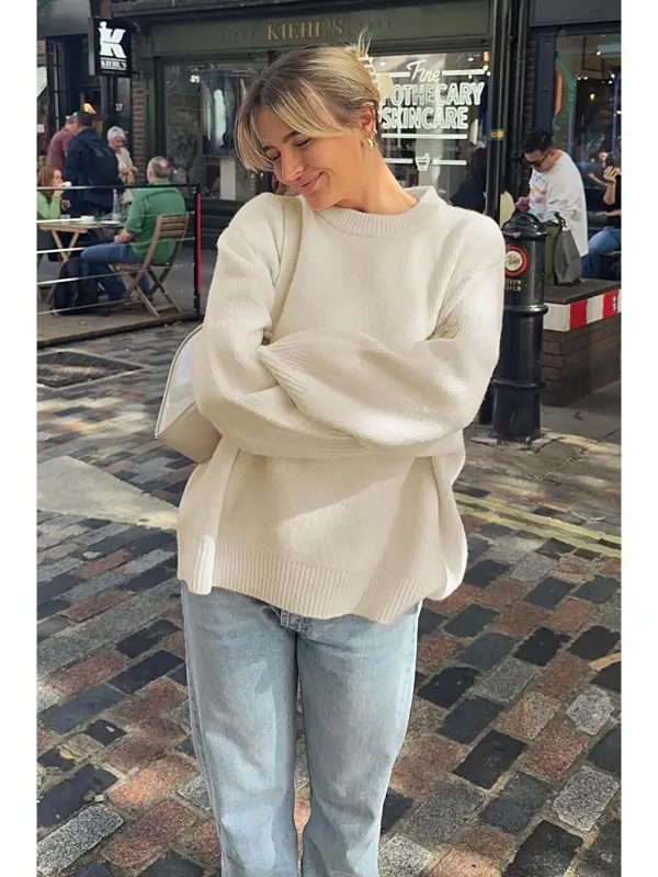 Ecru Crew Neck Oversize Knit Sweater Mg1972-Ecru - 6