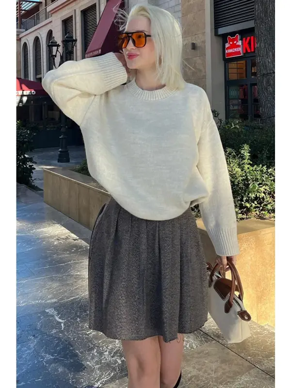 Ecru Crew Neck Oversize Knit Sweater Mg1972-Ecru - 8