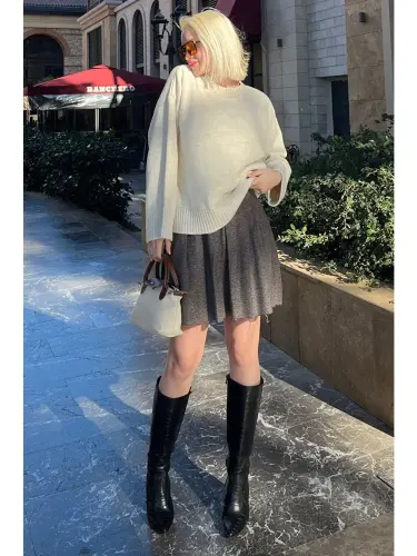 Ecru Crew Neck Oversize Knit Sweater Mg1972-Ecru - 9