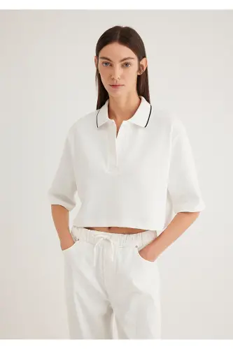 Ecru Crop Polo T-Shirt Crop / Short Cut 1613000-70057 - Ecru-70057 - 2