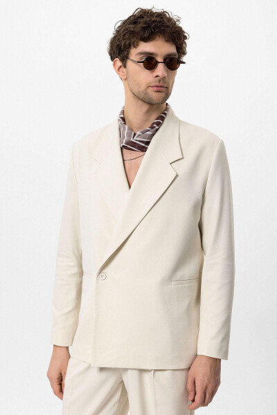 Ecru Double-Breasted Flap Pocket Men's Blazer Jacket - ANTIOCH