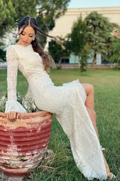 Ecru Embroidered Lace Special Design Wedding Dress - 5