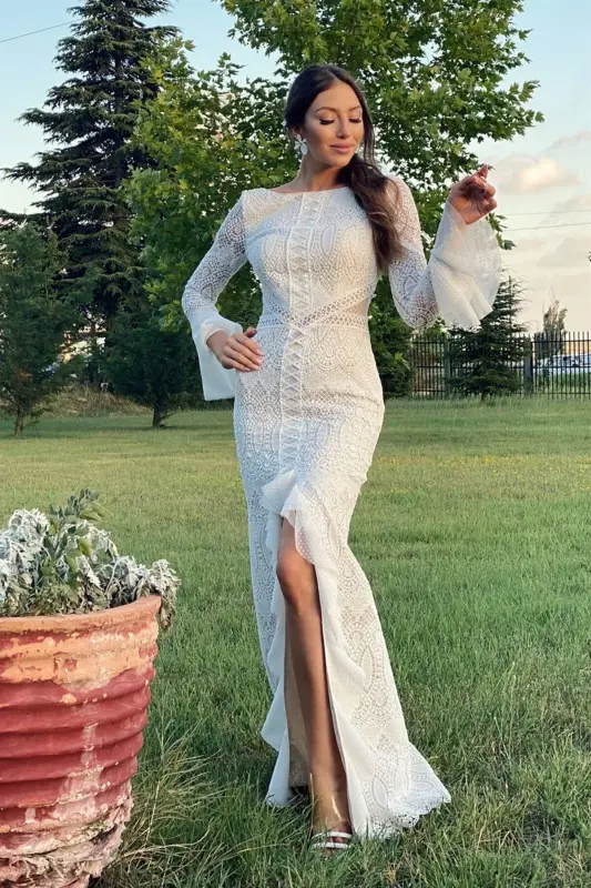 Ecru Embroidered Lace Special Design Wedding Dress - 5