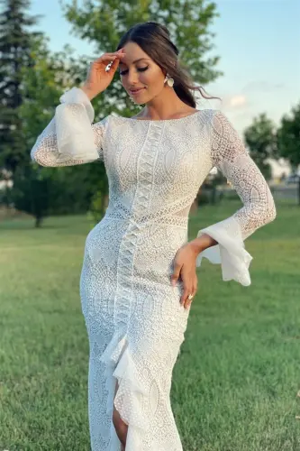 Ecru Embroidered Lace Special Design Wedding Dress - 6