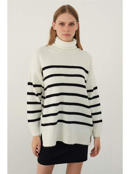 Ecru Fisherman Collar Striped Basic Knitwear Sweater-Ecru - LC WAIKIKI