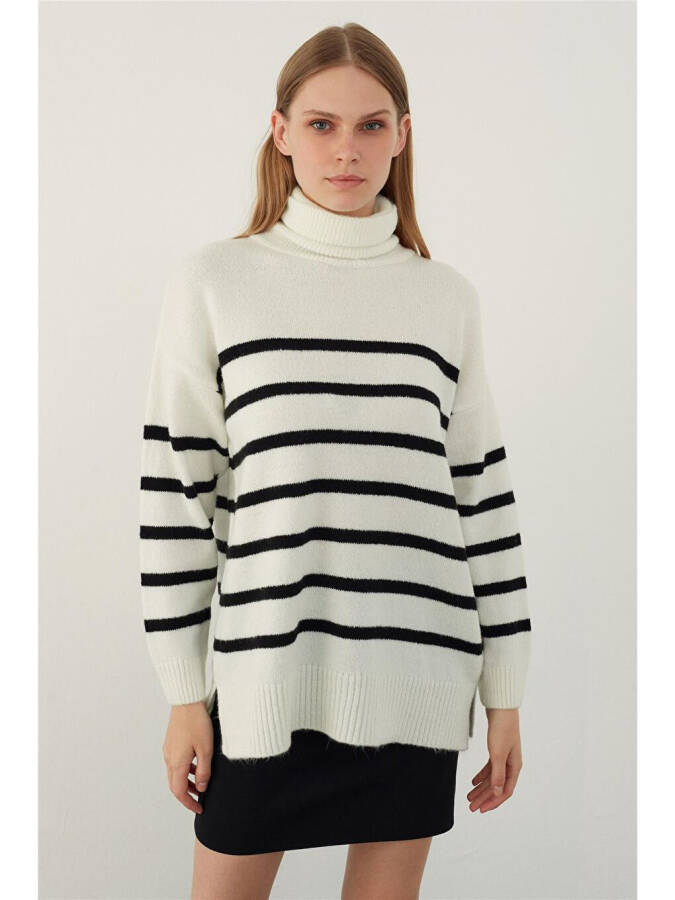 Ecru Fisherman Collar Striped Basic Knitwear Sweater-Ecru - 1