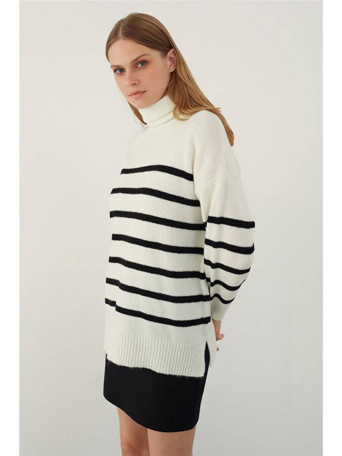Ecru Fisherman Collar Striped Basic Knitwear Sweater-Ecru - 2