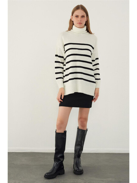 Ecru Fisherman Collar Striped Basic Knitwear Sweater-Ecru - 3