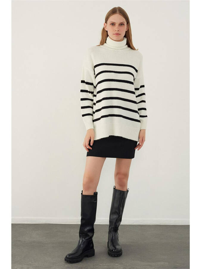 Ecru Fisherman Collar Striped Basic Knitwear Sweater-Ecru - 3
