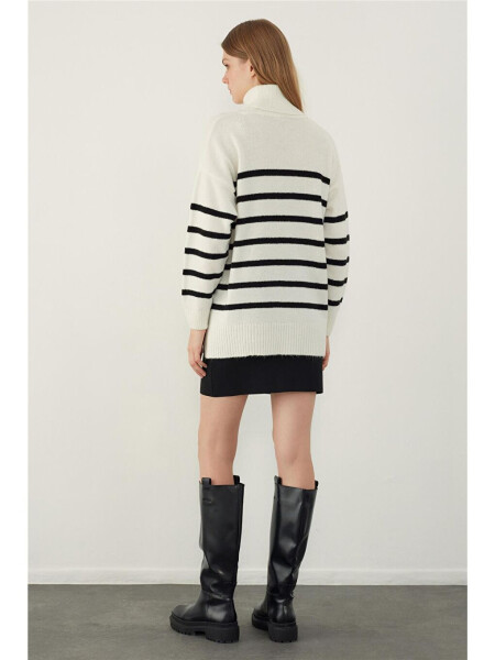 Ecru Fisherman Collar Striped Basic Knitwear Sweater-Ecru - 4