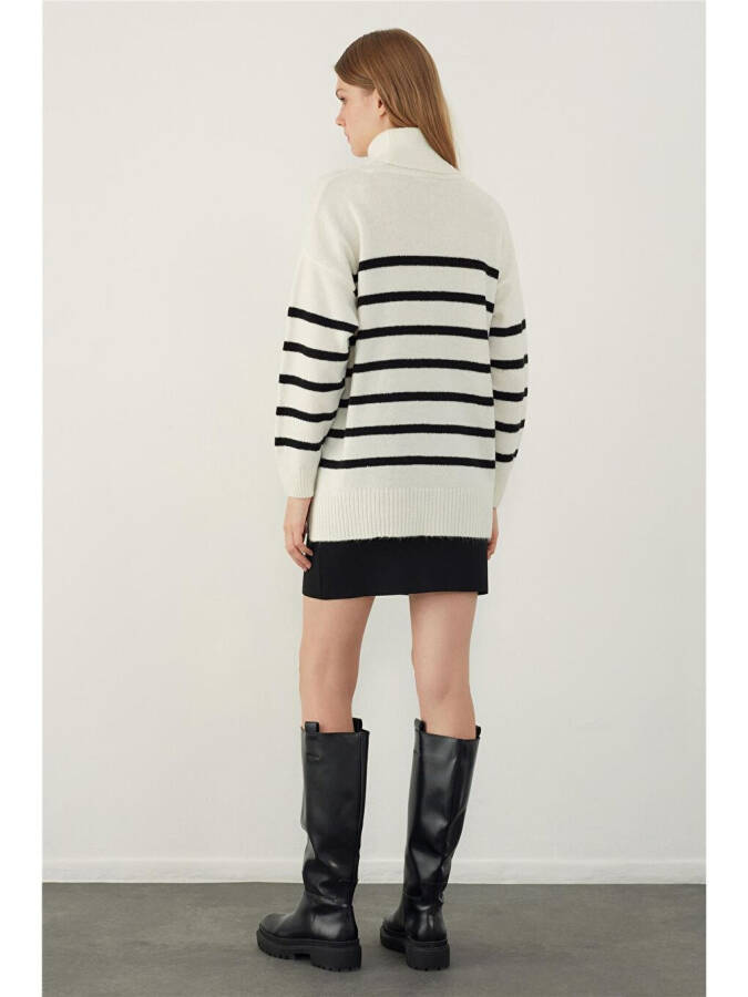 Ecru Fisherman Collar Striped Basic Knitwear Sweater-Ecru - 4