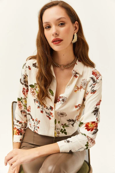 Ecru floral printed viscose shirt - OLALOOK