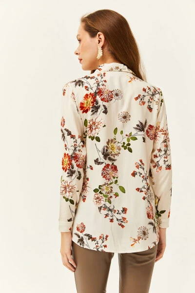 Ecru floral printed viscose shirt - OLALOOK (1)