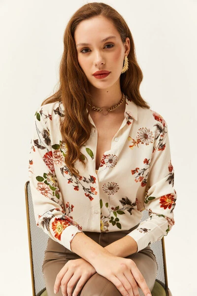 Ecru floral printed viscose shirt - 3