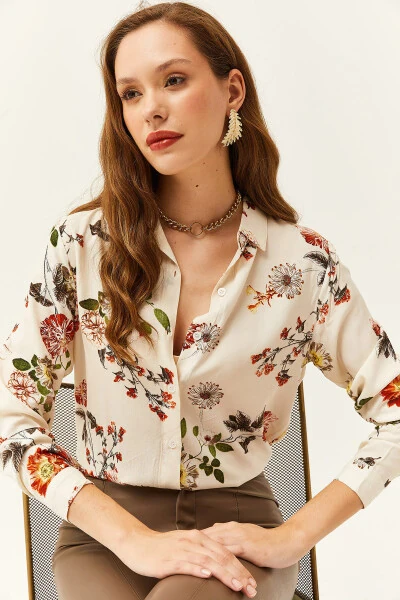 Ecru floral printed viscose shirt - 4