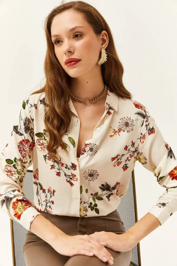 Ecru floral printed viscose shirt - 4