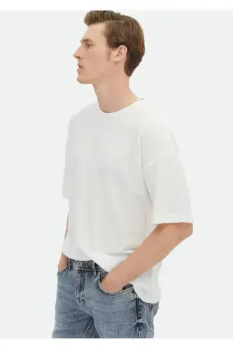 Ecru Jacquard Crew Neck 100% Cotton T-Shirt - 4