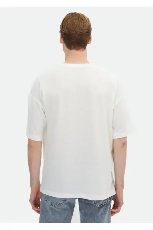 Ecru Jacquard Crew Neck 100% Cotton T-Shirt - 7