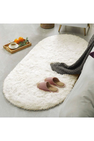 Ecru Light Cream Oval Shaggy Rug Plush Soft Non-Slip Dot Base Antibacterial 