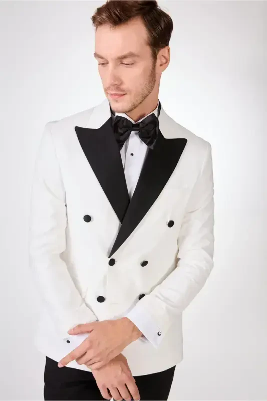 Ecru Men's Slim Fit Plain Point Collar Tuxedo Suit - 92441 - 2