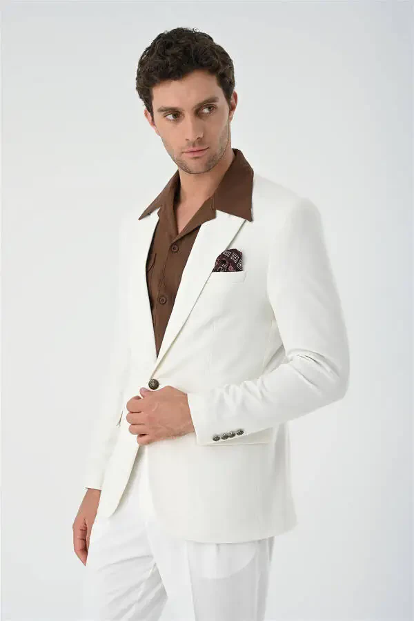 Ecru Metal Single Button Men's Blazer Jacket - 10
