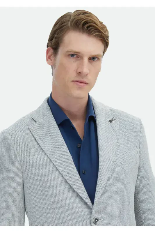 Ecru Micro Shirt Shoulder Slim Fit Cotton Blend Knit Jacket - 5