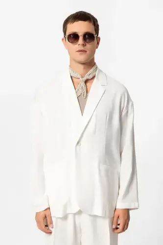 Ecru Oversize Unlined Men's Blazer Jacket-Ecru - 1