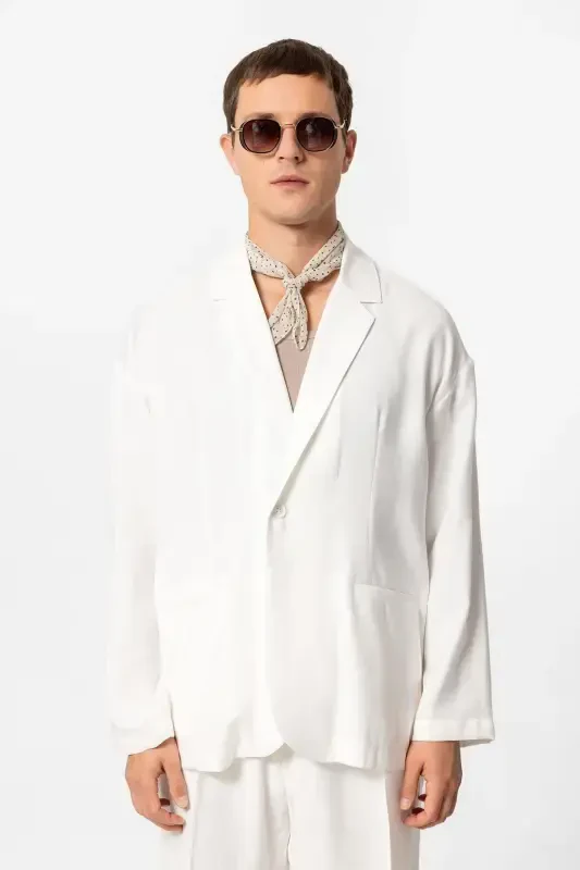 Ecru Oversize Unlined Men's Blazer Jacket-Ecru - 1