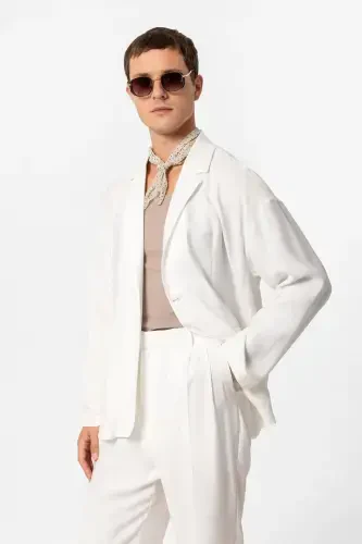 Ecru Oversize Unlined Men's Blazer Jacket-Ecru - 3