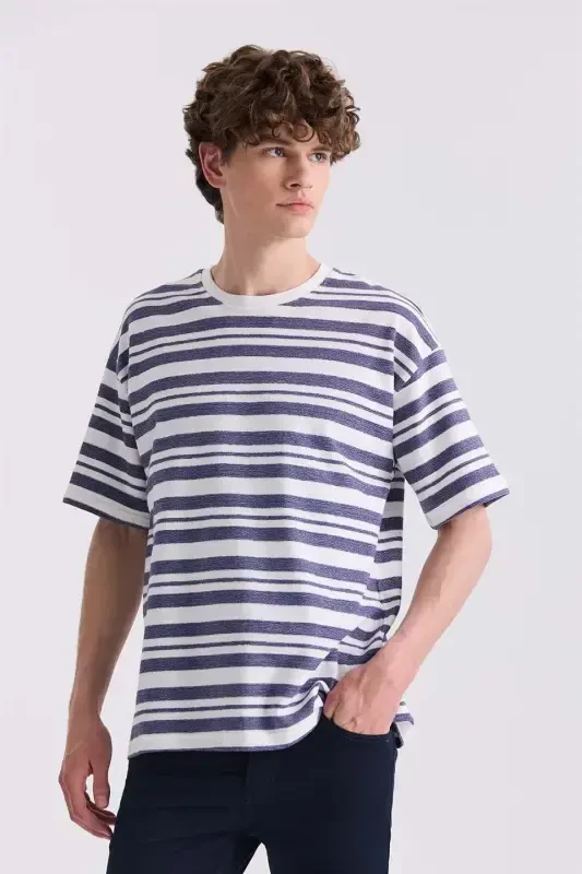 Ecru Oversized Striped Crewneck T-Shirt - 1
