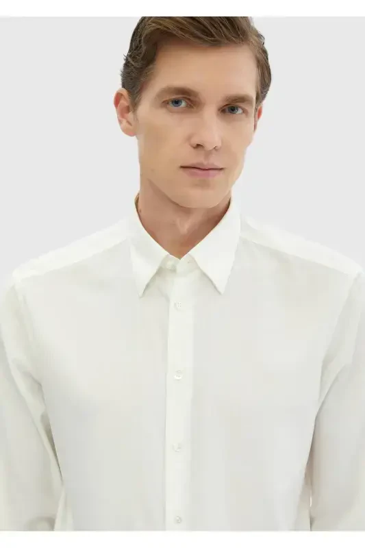 Ecru Plain Casual Fit Woven Casual Cotton Blend Shirt - 2