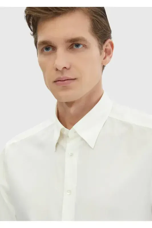 Ecru Plain Casual Fit Woven Casual Cotton Blend Shirt - 3