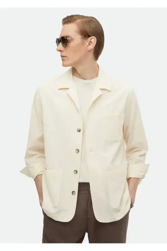 Ecru Plain Casual Fit Woven Cotton Blend Overshirt - RAMSEY