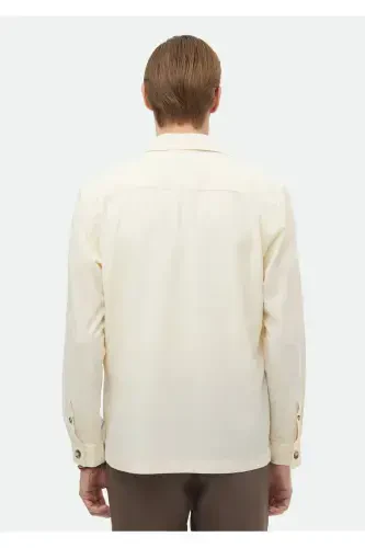Ecru Plain Casual Fit Woven Cotton Blend Overshirt - 6