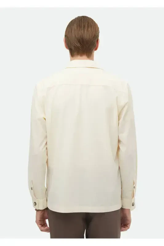 Ecru Plain Casual Fit Woven Cotton Blend Overshirt - 6