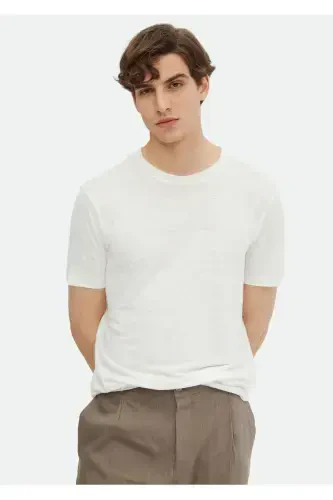 Ecru Plain Crew Neck 100% Linen T-Shirt - 1