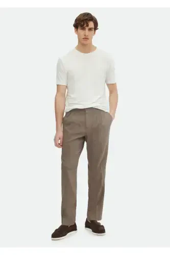 Ecru Plain Crew Neck 100% Linen T-Shirt - 2