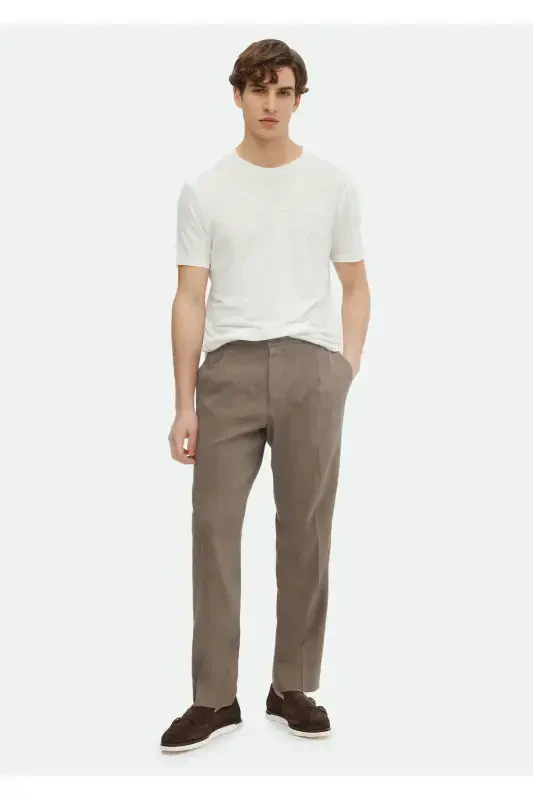 Ecru Plain Crew Neck 100% Linen T-Shirt - 2