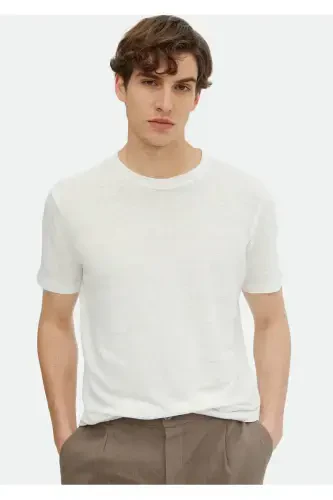Ecru Plain Crew Neck 100% Linen T-Shirt - 3