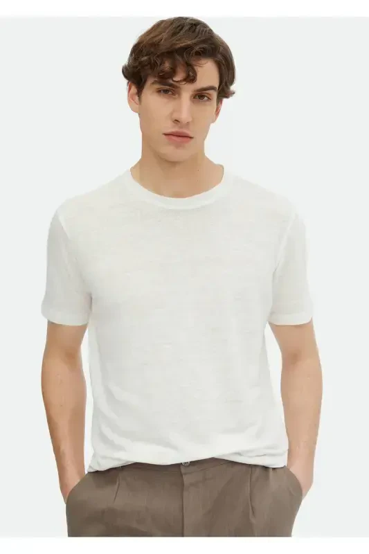 Ecru Plain Crew Neck 100% Linen T-Shirt - 3