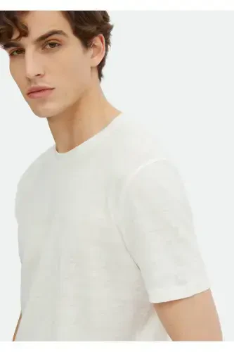 Ecru Plain Crew Neck 100% Linen T-Shirt - 4