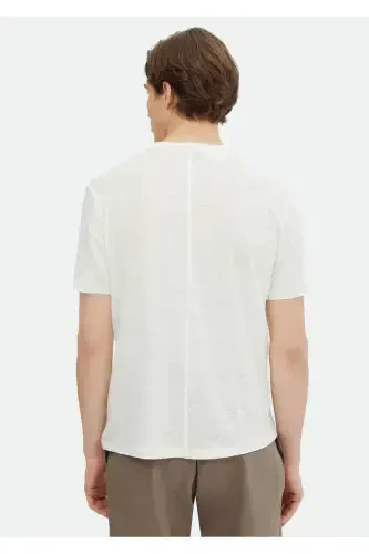 Ecru Plain Crew Neck 100% Linen T-Shirt - 5